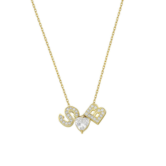 925 Gümüş | 2 Harfli Zirkon Taşlı Ortası Kalpli Kolye Modeli